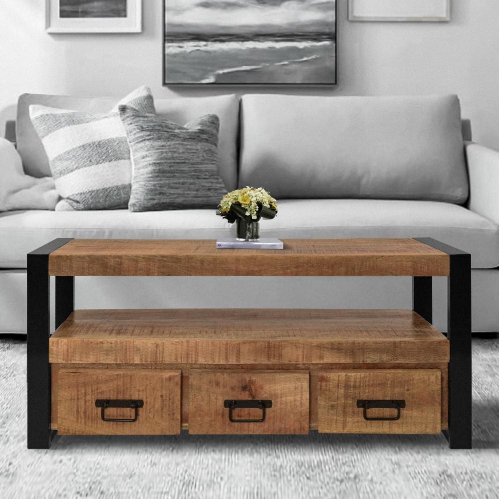 3 Drawer Wooden Farmhouse Coffee Table with Open Shelf and Metal Frame, Brown and Black By The Urban Port