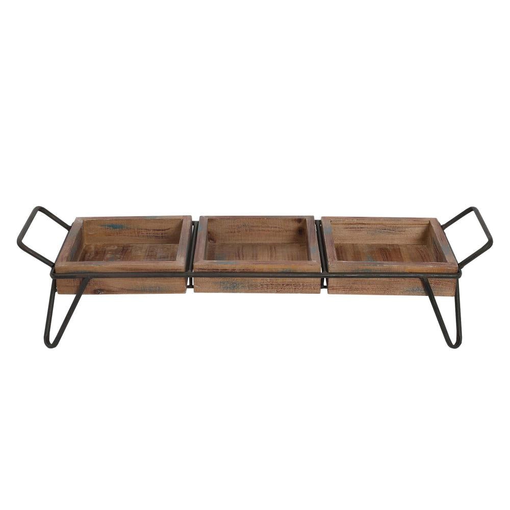 Artisinal Wood Serving Tray 3 Seperate Sections and Metal Frame Brown Black By The Urban Port UPT-250431