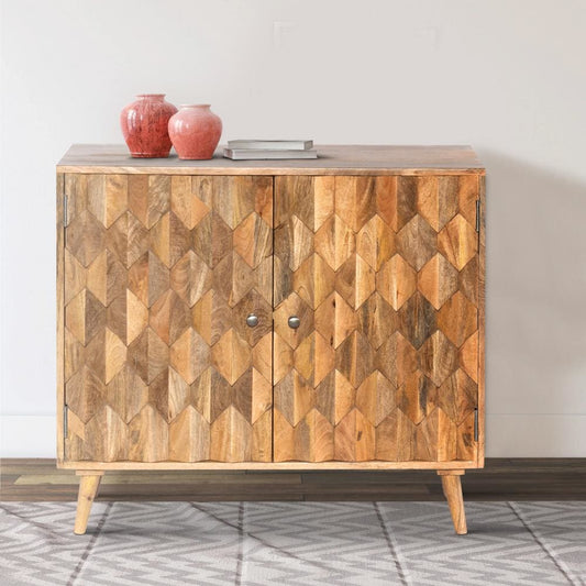 36 Inch Handcrafted Accent Cabinet, 2 Honeycomb Inlaid Doors, Mango Wood, Natural Brown By The Urban Port