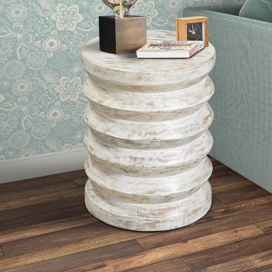 Round End Table with Spring Design Wooden Frame and Round Top, Washed White By The Urban Port