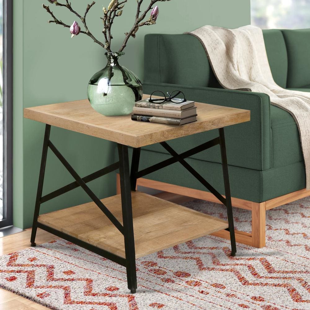 Rectangle Side Table with Open Bottom Shelf and Metal Legs, Brown and Gray By The Urban Port