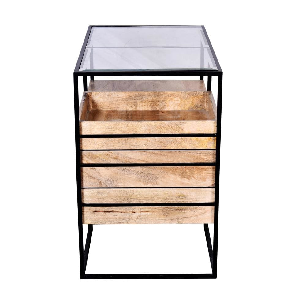 35 Inch Glass Top Rectangular Writing Desk 3 Drawers Metal Frame Natural Brown and Black By The Urban Port UPT-263596