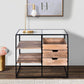 35 Inch Handcrafted Modern Glass Table, Storage Shelves, 3 Drawers, Metal Frame, Natural Brown and Black By The Urban Port