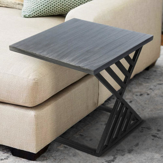 20 Inch Industrial Side End Table, Square Wood Top, C Shape Geometric Metal Frame, Gray, Black By The Urban Port