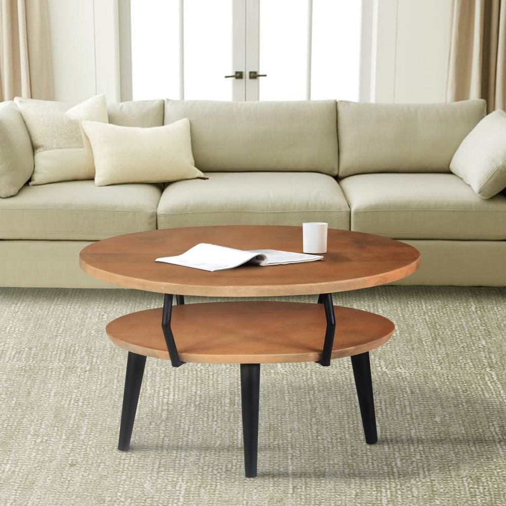 Mango Wood Oval Coffee Table with Open Shelf, Oak Brown and Black By The Urban Port