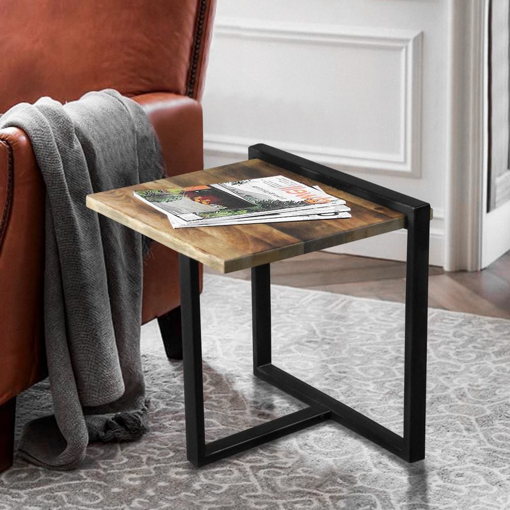Industrial Minimalistic End Table with Mango Wood Top and Metal Frame, Brown and Black By The Urban Port