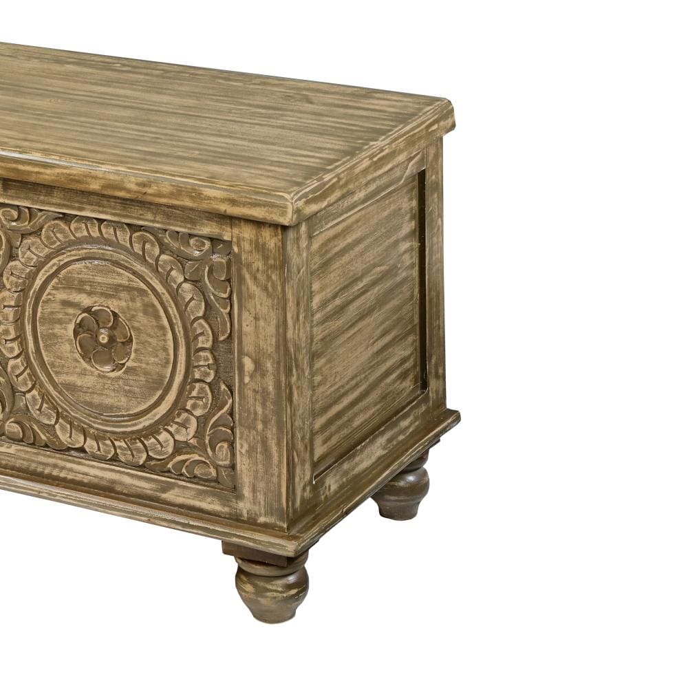 Wooden Trunk with Lift Top Storage and Medallion Wood Carving Distressed Brown By The Urban Port UPT-263768