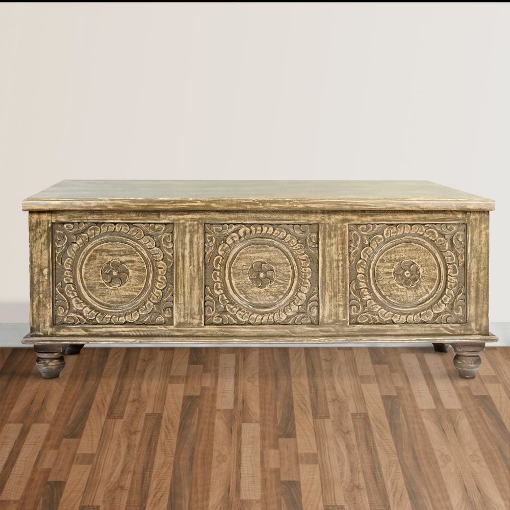 Wooden Trunk with Lift Top Storage and Medallion Wood Carving Distressed Brown By The Urban Port UPT-263768