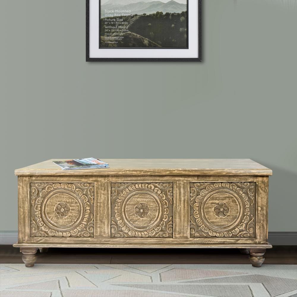 Wooden Trunk with Lift Top Storage and Medallion Wood Carving, Distressed Brown By The Urban Port