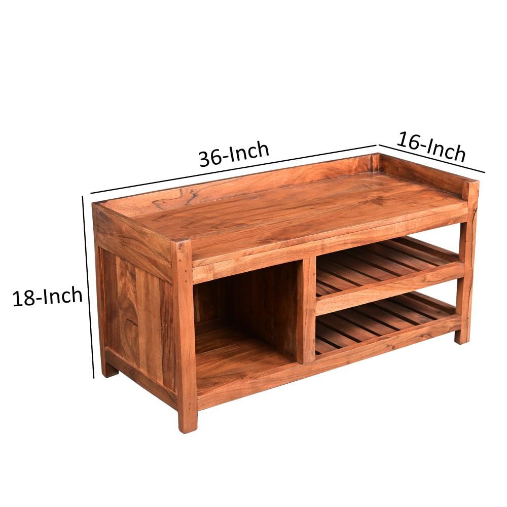 Entryway Bench with Wooden Seat and 2 Slatted Shelves Brown By The Urban Port UPT-263769