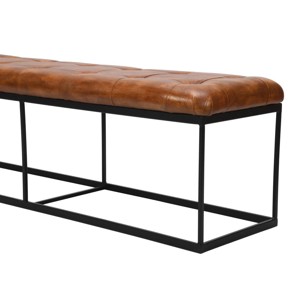 Accent Bench with Tufted Leatherette Seat and Metal Frame Caramel Brown and Black By The Urban Port UPT-263780