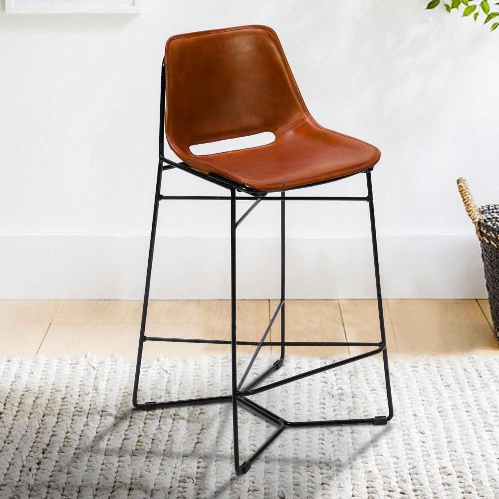 Bar Chair with Curved Leatherette Seat and Tubular Metal Frame Brown and Black By The Urban Port UPT-263784
