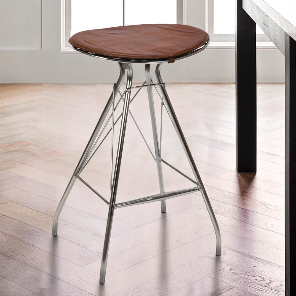 30 Inch Metal Frame Bar Stool, Round Genuine Leather Seat, Dark Brown, Silver By The Urban Port