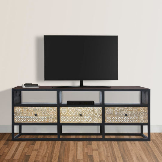 Carson 3 Drawer TV Cabinet Console with Metal Frame and 3 Open Compartments, Brown and Black By The Urban Port