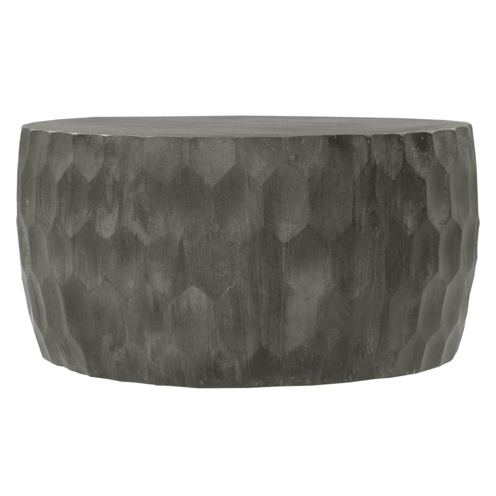 33 Inch Wooden Round Drum Coffee Table with Geometric Carved Pattern Gray By The Urban Port UPT-270557
