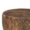 33 Inch Round Coffee Table with Damask Carved Pattern and Wooden Frame Walnut Brown By The Urban Port UPT-270560