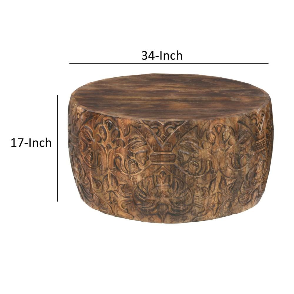 33 Inch Round Coffee Table with Damask Carved Pattern and Wooden Frame Walnut Brown By The Urban Port UPT-270560