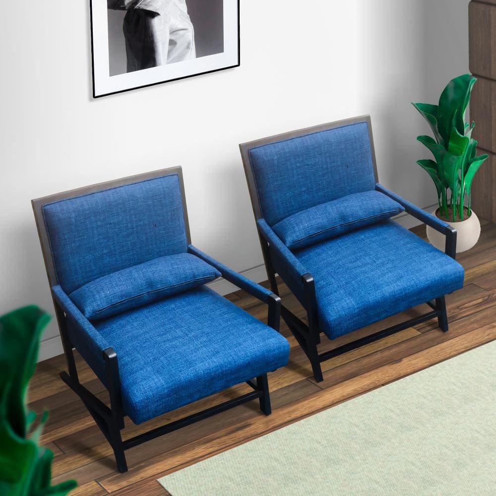 Upholstered Armchair Accent chair with Wood Frame, Set of 2, Blue and Black By The Urban Port