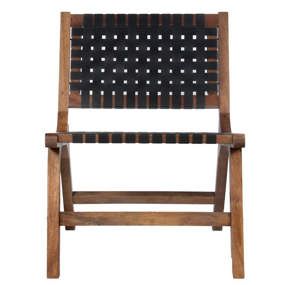 Mid Century Solid Wood Accent Chair with Woven Leather Seat Dark Brown and Black By The Urban Port UPT-271292