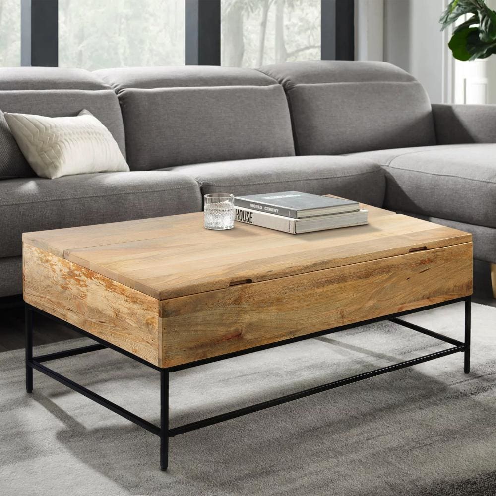 Audrey 45 inch Lift Top Mango Wood Rectangular Coffee Table - Wood and Metal, Natural Brown and Black By The Urban Port