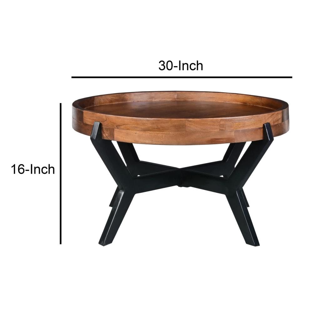 30 Inch Industrial Round Acacia Wood Tray Coffee Table with Flared Metal Legs Brown and Black By The Urban Port UPT-272522