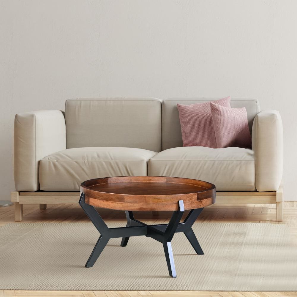 30 Inch Industrial Round Acacia Wood Tray Coffee Table with Flared Metal Legs Brown and Black By The Urban Port UPT-272522