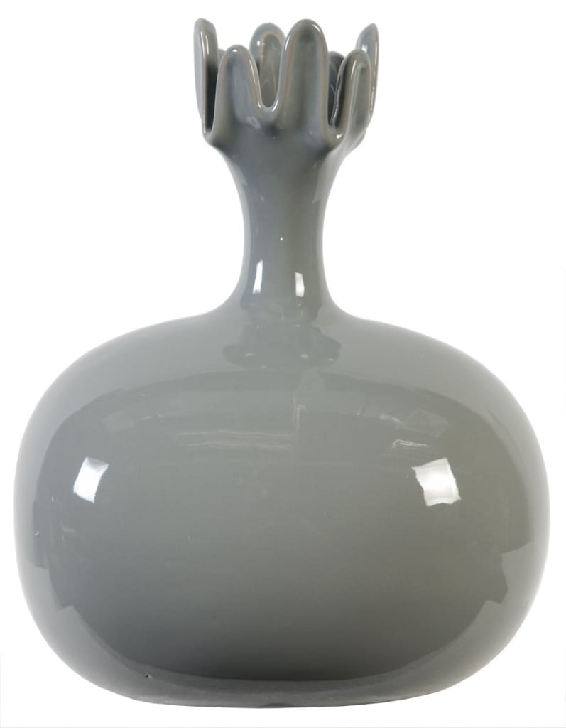 10 Inch Ceramic Vase, Pomegranate Shape, Glossy Gray By Casagear Home