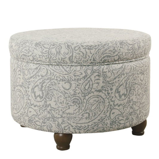 Paisley Floral Pattern Fabric Upholstered Wooden Ottoman with Hidden Storage, Gray and Cream - K6427-F2350 By Casagear Home