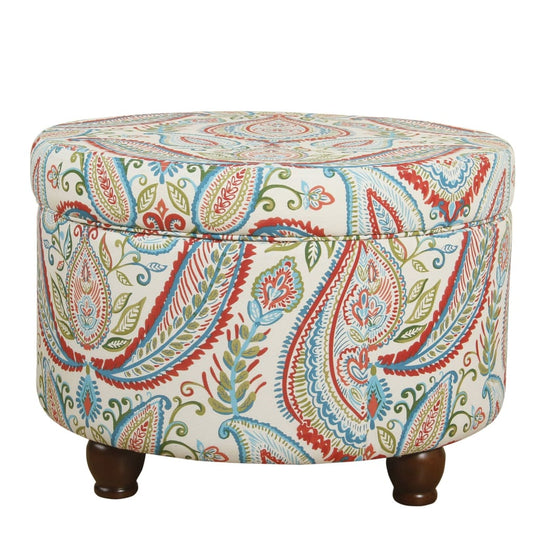 Paisley Pattern Fabric Upholstered Wooden Ottoman with Hidden Storage, Multicolor - K6427-A727 By Casagear Home