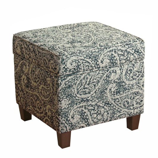 Paisley Pattern Fabric Upholstered Wooden Ottoman with Lift Off Top, Blue and Gray - K7342-F2214 By Casagear Home