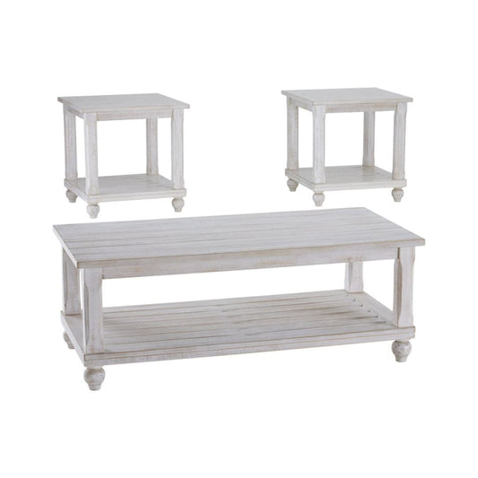 Plank Style Wooden Table Set with Slatted Lower Shelf and Bun Feet, Set of Three, White - T488-13 By Casagear Home