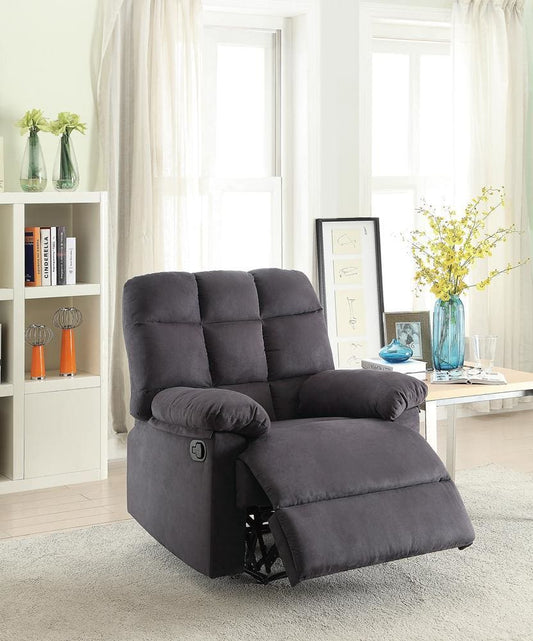 Plush Cushioned Recliner With Tufted Back And Roll Arms In Gray