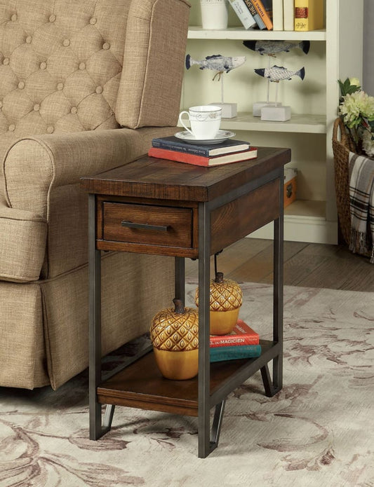 Rectangular Wood and Metal Side Table with USB Outlet, Brown and Gray -CM-AC286 By Casagear Home