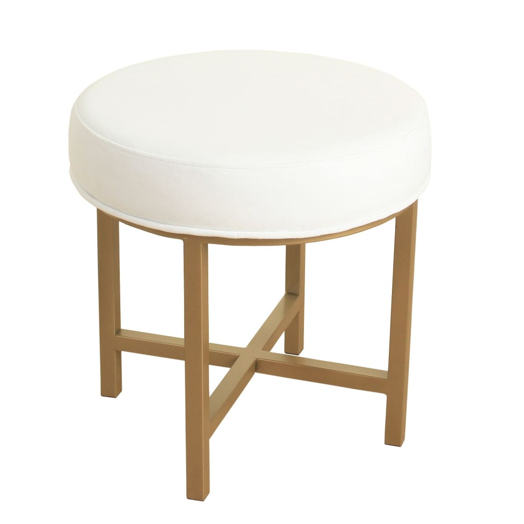 Round Shape Metal Framed Stool with Velvet Upholstered Seat, White and Gold - K7399-B118 By Casagear Home