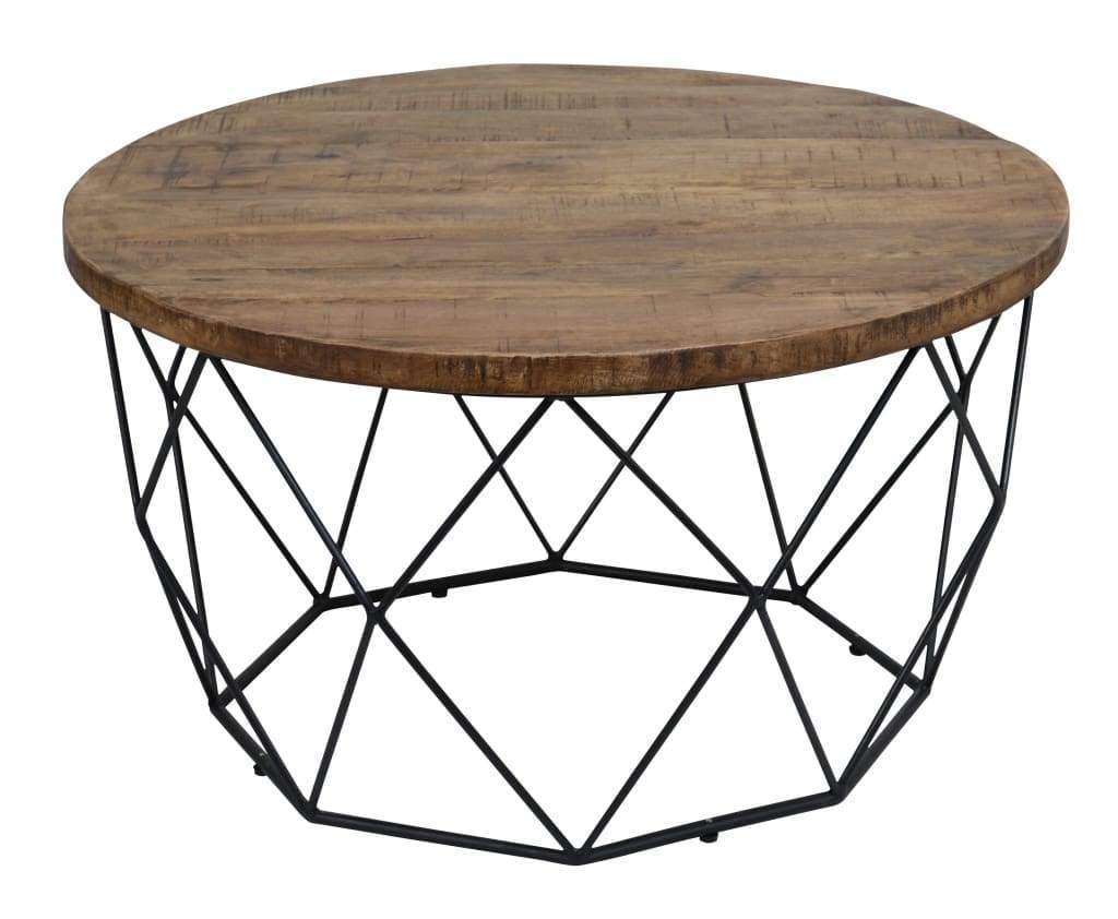 Round Wooden Coffee Table with Geometric Cutout Iron Base, Black and Brown - PL11901 By Casagear Home