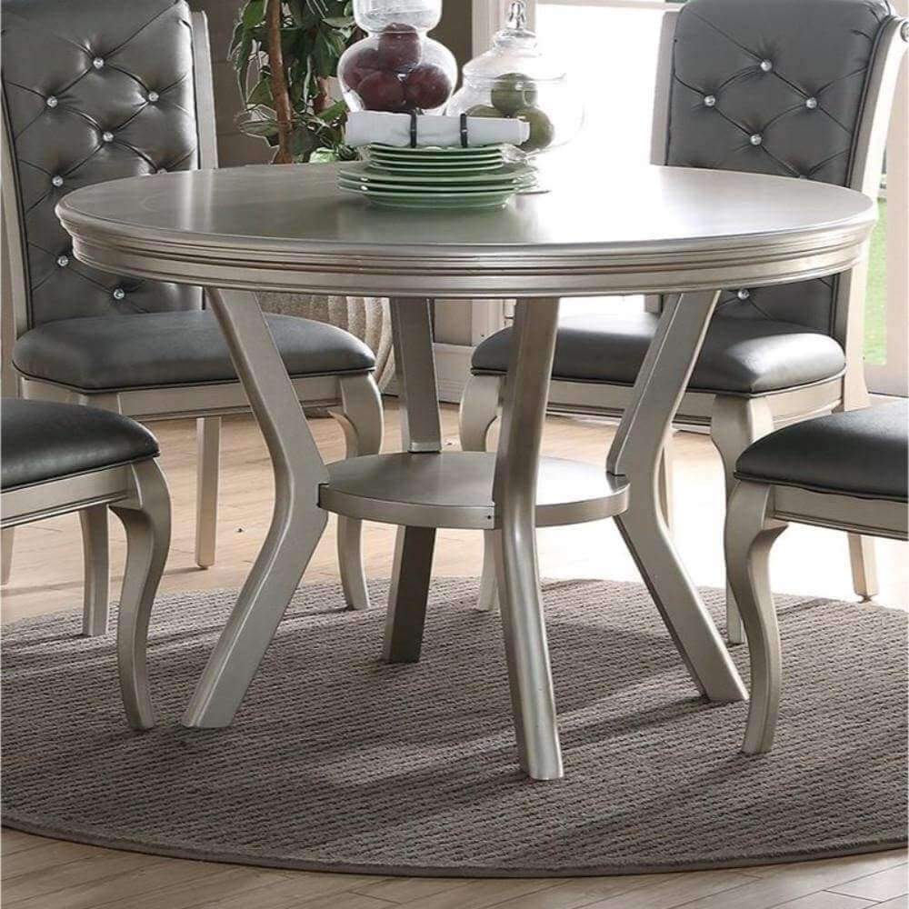 Rubber Wood Round Dining Table With Bottom Shelf Silver