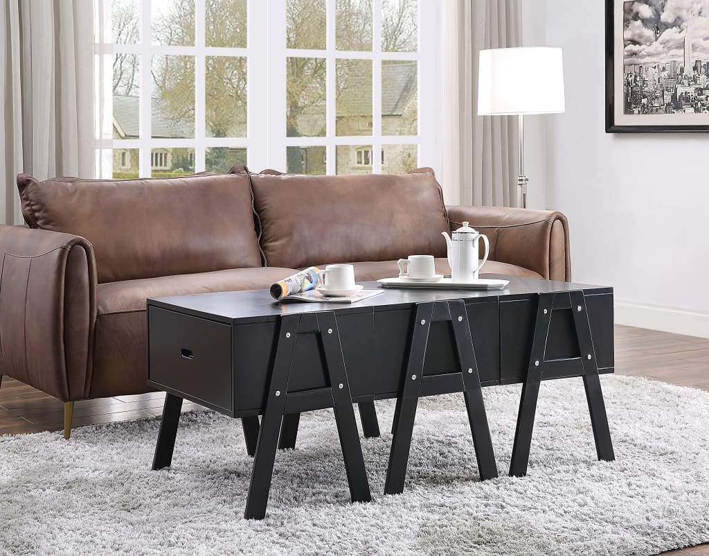 Three Drawers Wooden Convertible Coffee Table with Angled Legs, Black - 84150