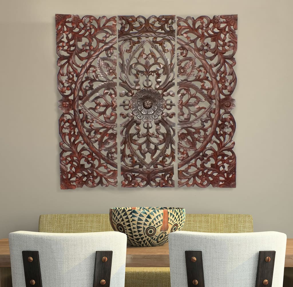 Three Piece Wooden Wall Panel Set with Traditional Scrollwork and Floral Details, Brown By Casagear Home