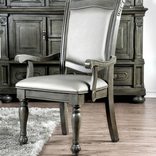 Armchair Set of 2 | Traditional Wood | Faux Leather | Gray