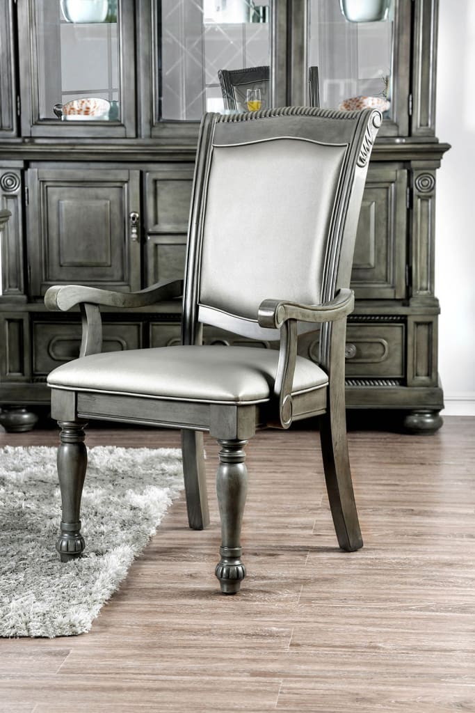 Armchair Set of 2 | Traditional Wood | Faux Leather | Gray