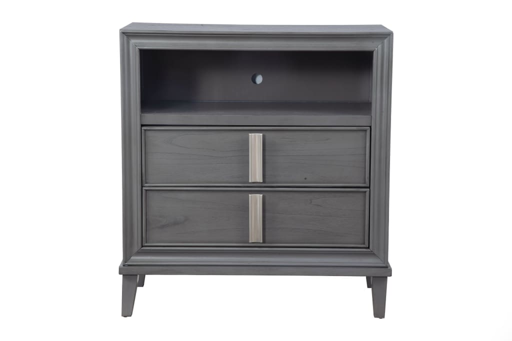 Transitional Style Wooden Media Chest With Two Drawers and One Open Shelf, Gray - 8171-11 By Casagear Home