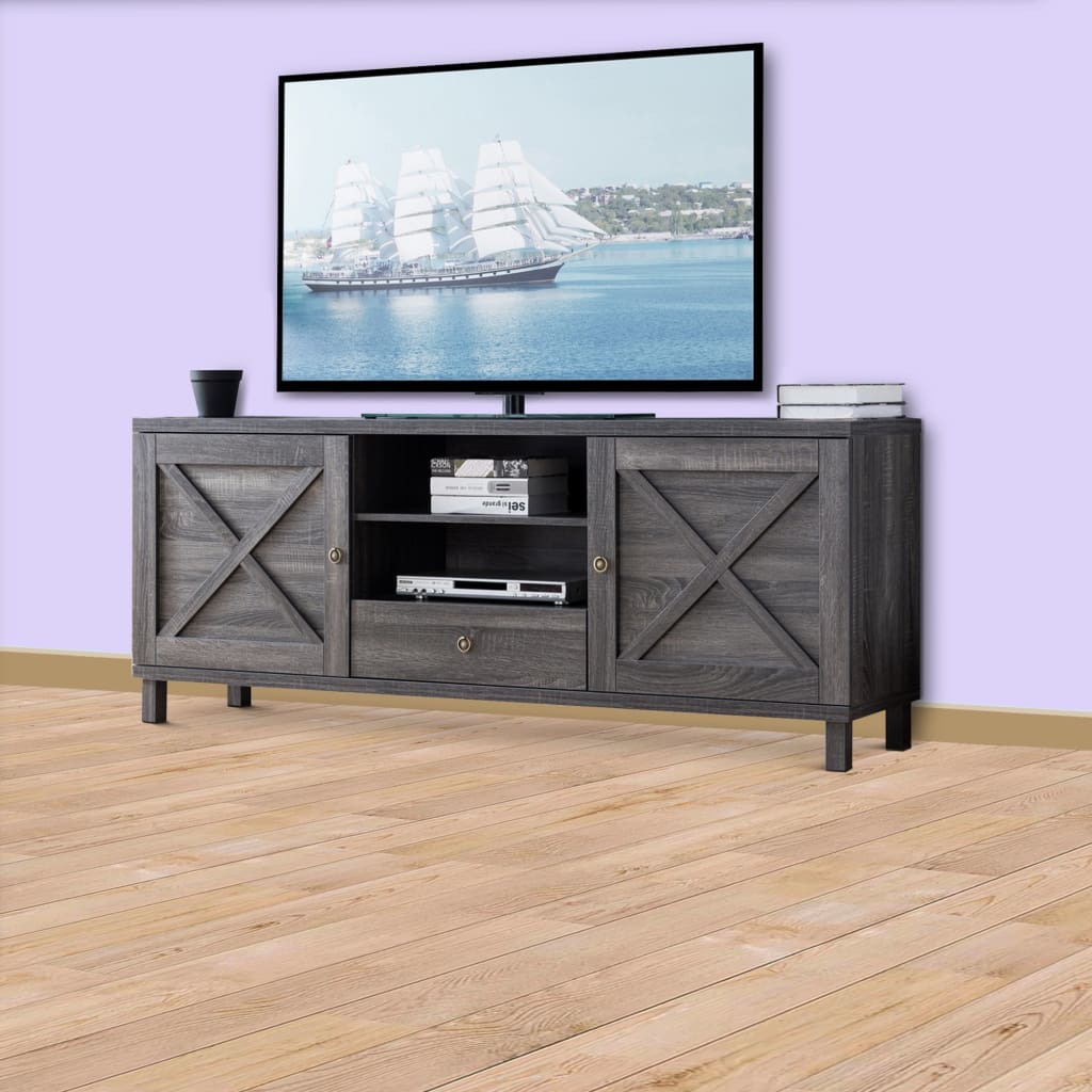 Transitional Wooden TV Stand with Two Side Door Cabinets and Spacious Storage, Gray - 182290 By Casagear Home