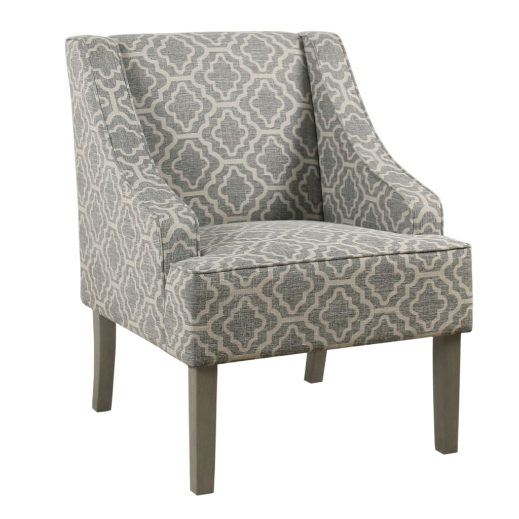 Trellis Pattern Fabric Upholstered Wooden Accent Chair with Swooping Armrests, Gray, White and Brown - K6499-F2349 By Casagear Home