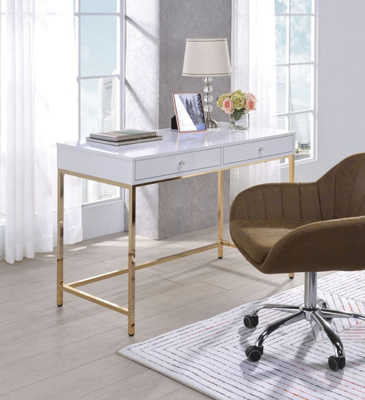 Two Drawers Wood Desk with Tubular Metal Base, White and Gold - 92540