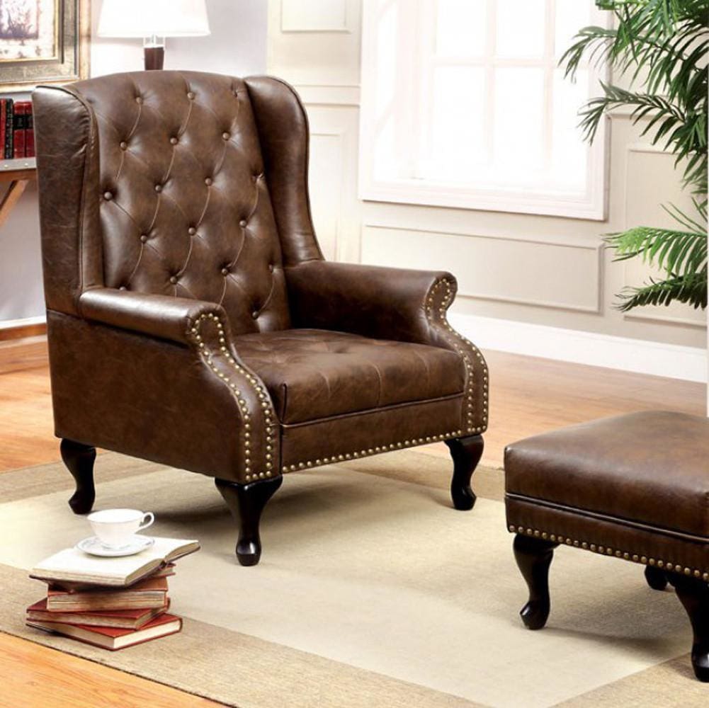 Vaugh Traditional Wing Accent Chair In Nail Head, Rustic Brown Finish By Casagear Home