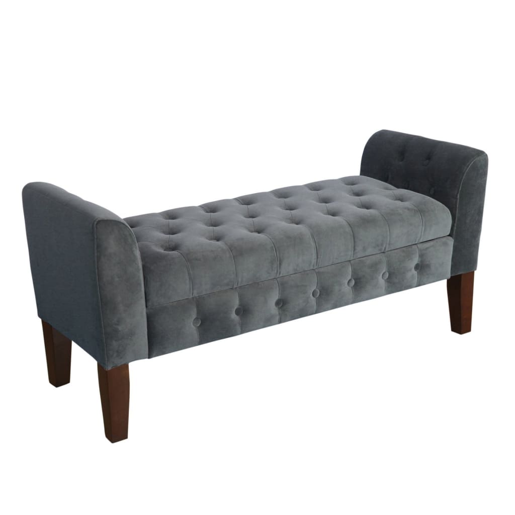 Velvet Upholstered Button Tufted Wooden Bench Settee With Hinged Storage, Dark Gray and Brown - K6211-B229 By Casagear Home