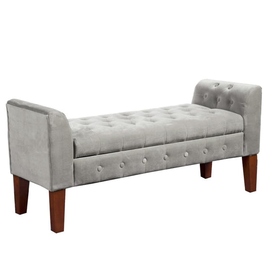 Velvet Upholstered Button Tufted Wooden Bench Settee With Hinged Storage, Gray and Brown - K6211-B214 By Casagear Home