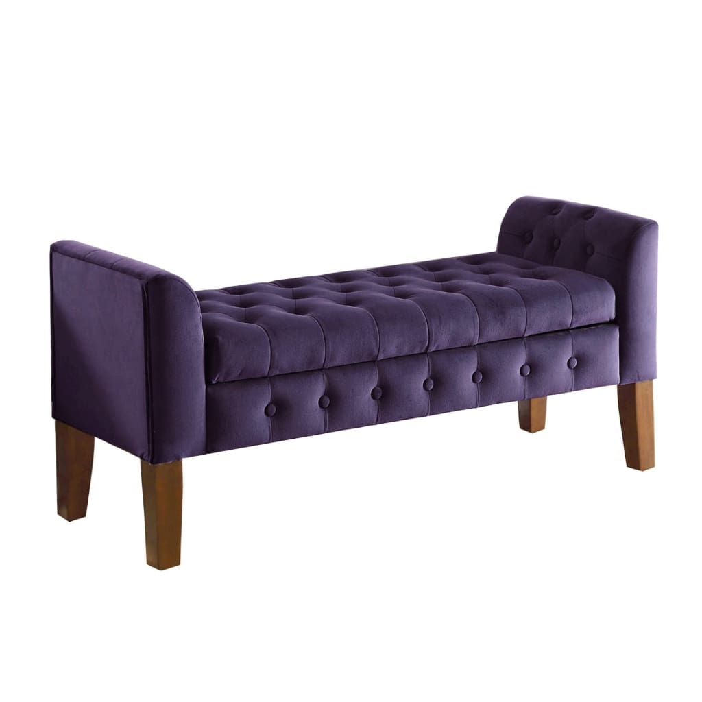 Velvet Upholstered Button Tufted Wooden Bench Settee With Hinged Storage, Purple and Brown - K6211-B204 By Casagear Home