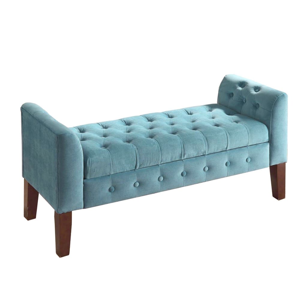 Velvet Upholstered Button Tufted Wooden Bench Settee With Hinged Storage, Teal Blue and Brown - K6211-B122 By Casagear Home