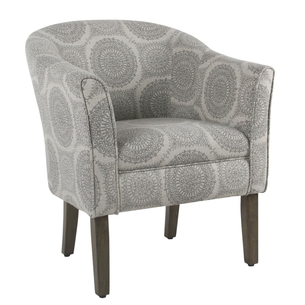 Wood and Fabric Barrel Style Accent Chair with Medallion Pattern, Gray and Brown - K6859-A832 By Casagear Home